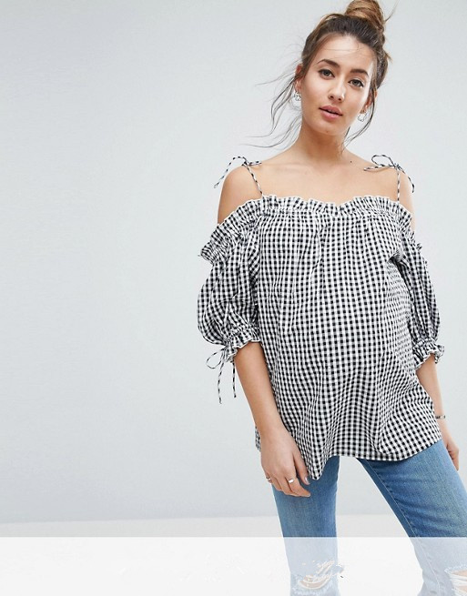 Custom Maternity Cold Shoulder Shirt in Gingham