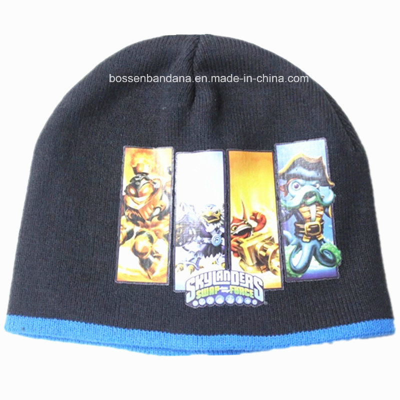 China Factory Cheap Customized Cartoon Printed Acrylic Warm Knitted Children Beanie Hat