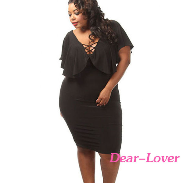 Black Plus Size Ruffle Lace up MIDI Dress