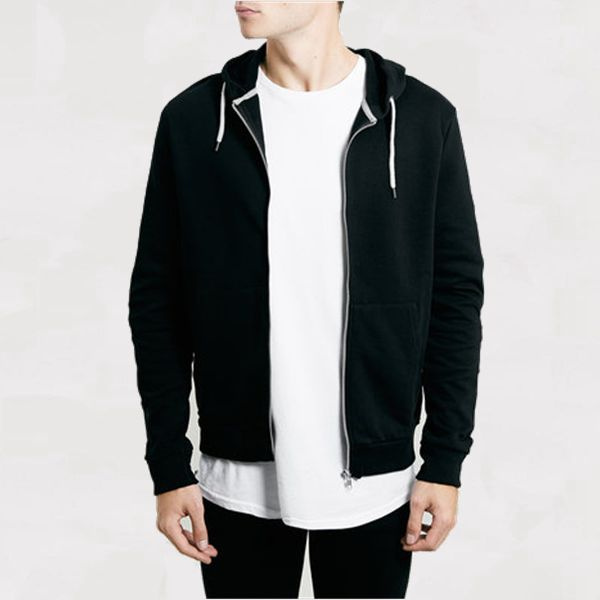 Black Contrast Drawcord Zip Through Hoody