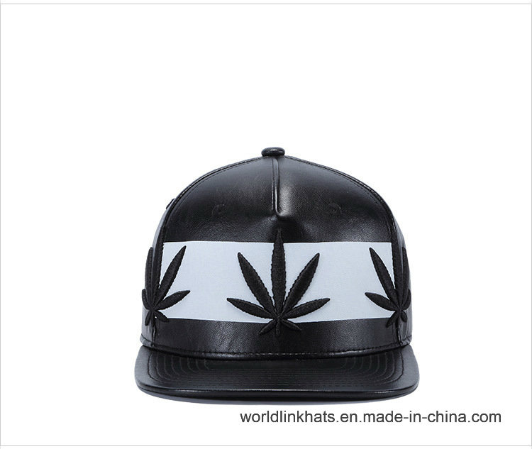 Custom 5 Panel 3D Embroidery Leather Flat Brim Snapback Cap