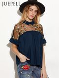 Embroider Sheer Mesh Insert Tie Back Blouse