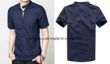 Cotton Linen Fashion Mens Short Shirt with Half Button Placket