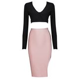 Sexy Long Sleeve Midriff-Baring Hollow T-Shirt Side Slit Dress (2 pieces)