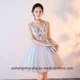 Short Sexy V-Neck Shoulder Straps Floral Tulle Putty Prom Dress