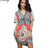 Women Vintage V-Neck Strappy Waist Floral Print Casual Dress (50117)