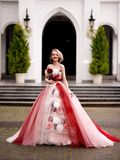 Flower Pink and Red Tulle Prom Party Evening Ball Gown Quinceaner Dress Wedding Dress