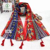 Retro Folk Style Elephant Print Hanging Tassels Cotton Scarf Shawl