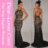 Black Lace Nude Illusion Open Back Evening Gown