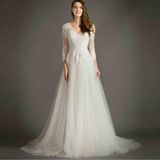 A-Line Full Sleeves V Neck Lace Appliqued Chapel Train Wedding Dress