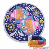 Fish Printed Microfiber Round Beach Towel with Tassels