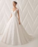 Newest V Neck Cap Sleeves Long Lace Wedding Dress Bridal Gown