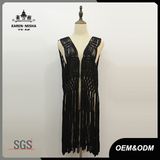 Lady's Fashion Black Fringe Sleeveless Crochet Coverup