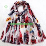 Newest Satin Silk Scarf Silvery Feather Printed Fashion Lady Shawl