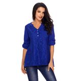 Ladies Fashion Blue Lace Roll Tab Sleeve Blouse