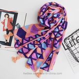 Geometic Printed Thin Beach Women Scarf with Tassels (HMW03)