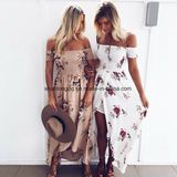 Boho Style Long Dress Women off Shoulder Beach Summer Dresses Floral Print Vintage Chiffon White Maxi Dress Vestidos De Festa