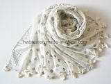 Fashion Silver Powder Printing Viscose Lady Scarf with Tassels (HWBVS064)