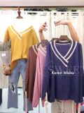 Ladies Striped V Neck Mohair Sweater