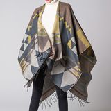 Women's Color Block Open Front Blanket Poncho Bohemian Cashmere Like Cape Thick Warm Stole Throw Hoodie Poncho Wrap Shawl (SP219)