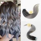 Full Head Human Hair PU Tape in Extensions Ombre Color #2/Grey Hair Extensions