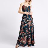 Fashion Women Slim Flower Printed Blackless Clothes Slip Dress