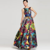 Women High End Evening Floral Print Gathering Sleeveless Gown