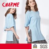 Ladies Fashion Leisure Side Split Plain T-Shirt Blouse