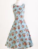 Wholesale Party Cotton and Linen Blue Floral Dress