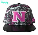 Custom Printing Pattern Cap with Leather Brim Snapback Cap