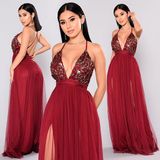 Maxi Dress Burgundy Deep V Evening Dress Criss Cross Back Fashion Women Dress Closure 2 Front Slits Tulle Skirt