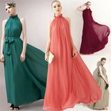 Women High Neck Halter Chiffon Long Party Dress with Belt