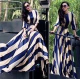Quality Elegant Designer Navy Cream Stripe Women Long Maxi Dress