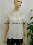 Wholesale White Sleeve White Chiffon Loose Ladies Tops with Polo Neck Lace Tunic