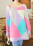 Macaron Geometric Patterns Collision Color Loose Pullover (BTQ082)