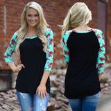 2018 Hot Sale Women Floral Print Raglan Sleeve Black Top