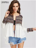 Embroidered Yoke and Cuff Coin Fringe Trim Blouse