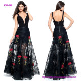 Hot Sale Sexy Deep V-Neck Fitted A-Line Eveing Dress with a Lace and Red Flower Applique Sheer Skirt