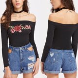 Fashion Women Sexy Slim Rose Flower Embroidery off Shoulder Clothes Blouse