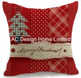 Red Color Square X'mas Tree Design Decor Fabric Cushion W/Filling