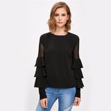 Black Long Sleeve Shirts with Ruffles Sleeve Blouse Women Blouse Elegant Office Ladies Tops