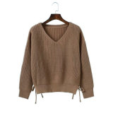 New Arrived Cheap Ladies Fashion V Neck Collar Long Sleeve Crochet Pullover Sweater