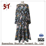 Polyester Long Style Ladies Dress with Plant Pattern