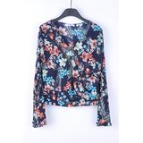 Autumn Fresh V-Neck Bandage Printting Long Sleeved Chiffon Shirt Blouse