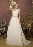 Chiffon a-Line White Beaded Waist Wedding Dresses (WMA014)