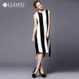 Quality Fashion Women Asymmetrical Black Cream Thick Stripe Dress