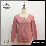 Women V-Neck Lace-up Pink Pullover Sweater