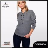 Women Lace up Eyelet Ribbed Pullover Sweater