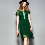 Green Silk Dress for Women with Contrast Color Collar&Front Fly