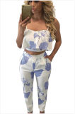 Mottled Print Frill Crop Top and Pant Set